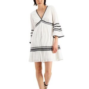 NWT INC INTERNATIONAL Women's White V-Neck 3/4 Bell Sleeve Mini Dress SZ M